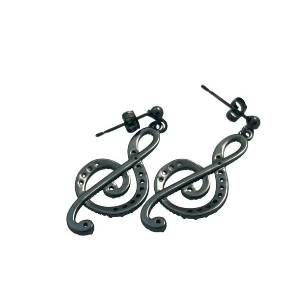 Treble Clef Earrings Music Note Black Metal Rhinestones Artistic Teacher Gift - Picture 4 of 6